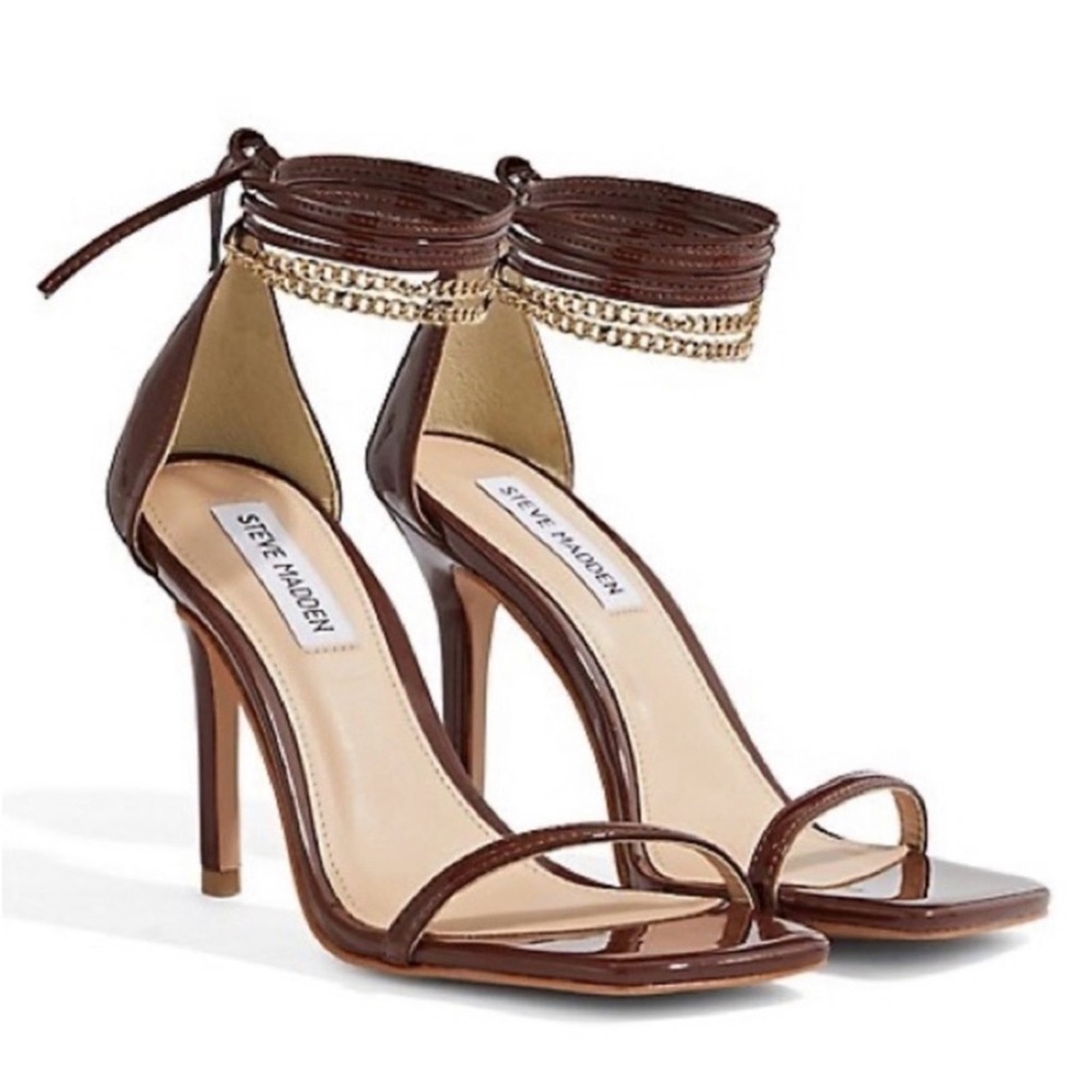 Steve Madden Wister Chain Trim Ankle Tie Vegan Leather Sandals Size 8.5 (Cognac)
